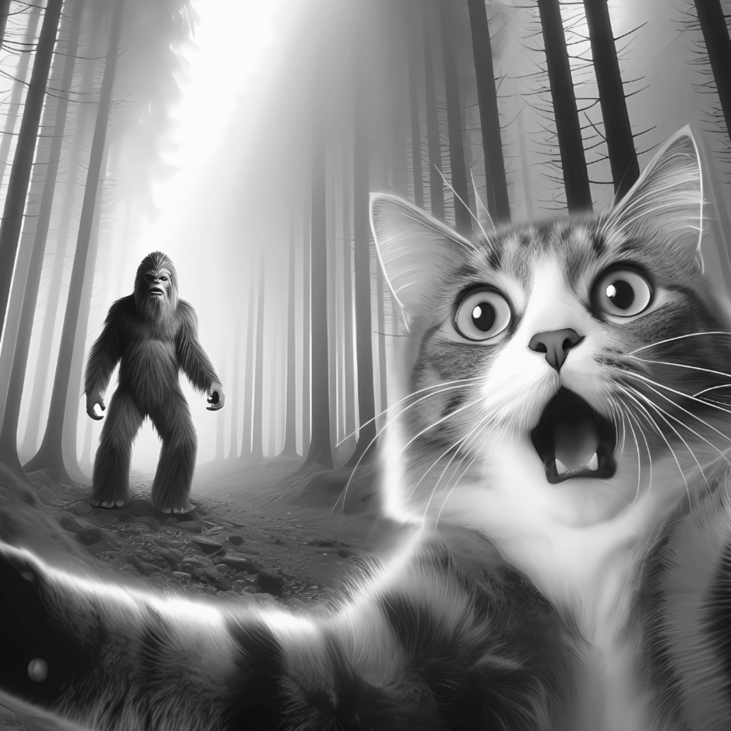 Cryptid fridge magnet with Bigfoot, alien, or Nessie design from the MYTHICAL MISFITS ReadyWhims Collection. Cat with wide eyes looking at a Bigfoot figure in a forest. Bigfoot Magnet, Cat Magnet
