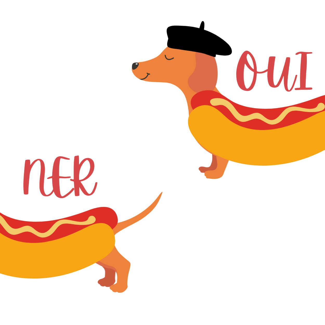 Dog or cat themed humorous novelty, funny fridge magnet. Two cartoon hot dogs with 'Oui' and 'Ner' text on a white background. Dog Magnet, Dachshund, Wiener Dog