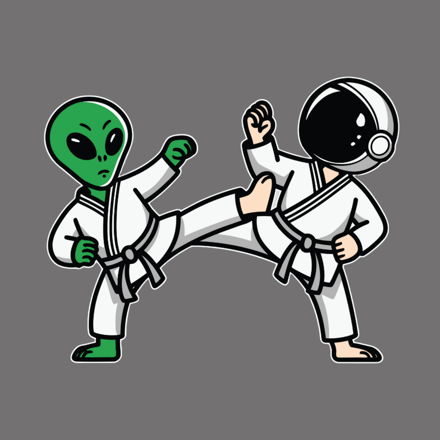 Cryptid fridge magnet with Bigfoot, alien, or Nessie design from the MYTHICAL MISFITS ReadyWhims Collection. Cartoon alien and astronaut in martial arts poses on a gray background. Alien Magnet, Astronaut Magnet