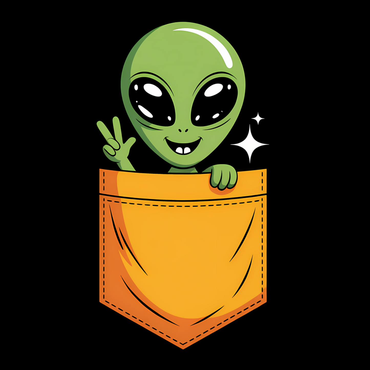 Cryptid fridge magnet with Bigfoot, alien, or Nessie design from the MYTHICAL MISFITS ReadyWhims Collection. Cartoon alien peeking out from a pocket on a black background. Alien Magnet