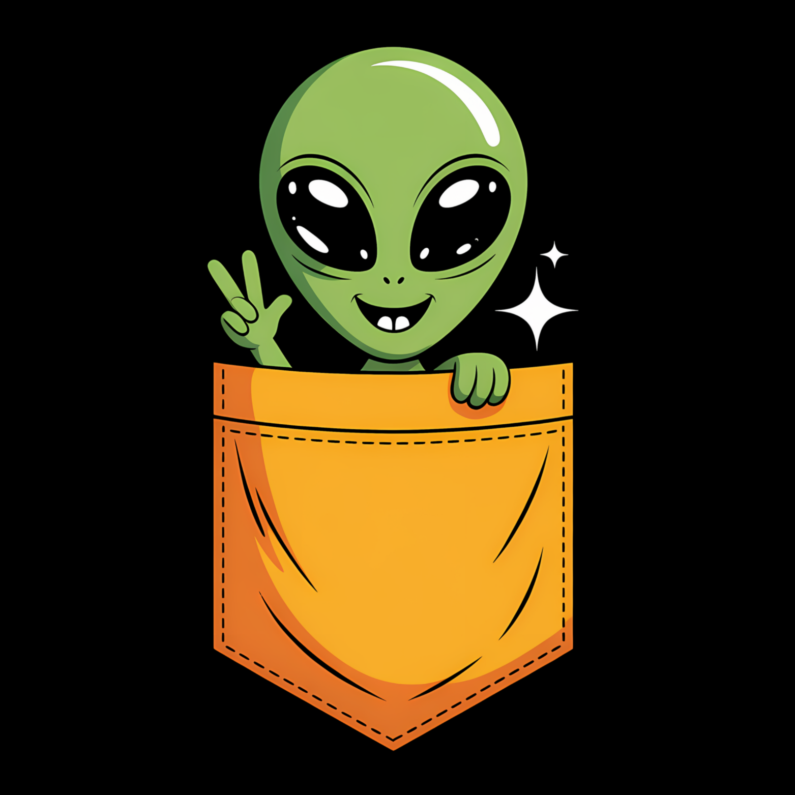 Cryptid fridge magnet with Bigfoot, alien, or Nessie design from the MYTHICAL MISFITS ReadyWhims Collection. Cartoon alien peeking out from a pocket on a black background. Alien Magnet