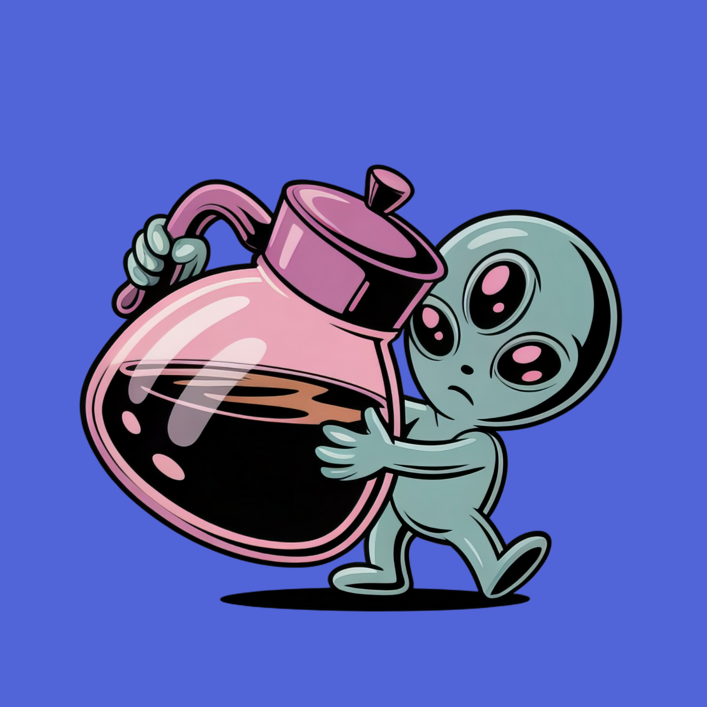 Cryptid fridge magnet with Bigfoot, alien, or Nessie design from the MYTHICAL MISFITS ReadyWhims Collection. Cartoon alien character holding a pink and black flask on a blue background. Alien Magnet, Coffee Magnet
