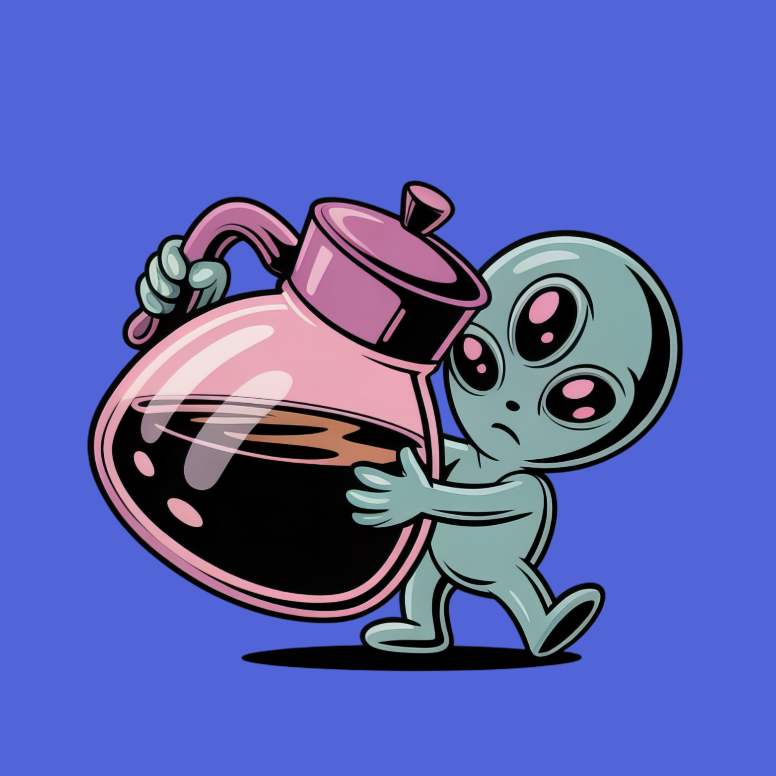 Cryptid fridge magnet with Bigfoot, alien, or Nessie design from the MYTHICAL MISFITS ReadyWhims Collection. Cartoon alien character holding a pink and black flask on a blue background. Alien Magnet, Coffee Magnet