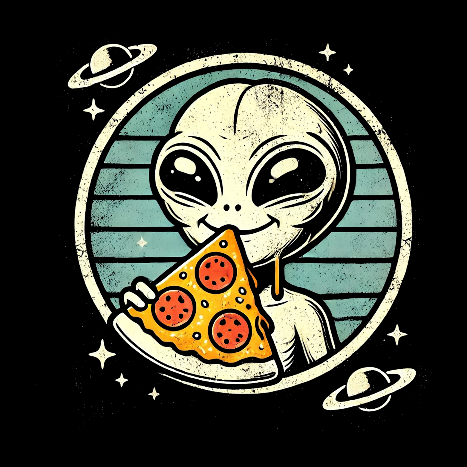Cryptid fridge magnet with Bigfoot, alien, or Nessie design from the MYTHICAL MISFITS ReadyWhims Collection. Alien eating a slice of pizza with space-themed background. Alien Magnet, Pizza Magnet