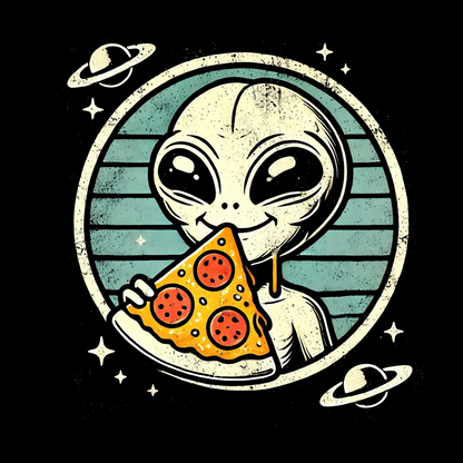 Cryptid fridge magnet with Bigfoot, alien, or Nessie design from the MYTHICAL MISFITS ReadyWhims Collection. Alien eating a slice of pizza with space-themed background. Alien Magnet, Pizza Magnet