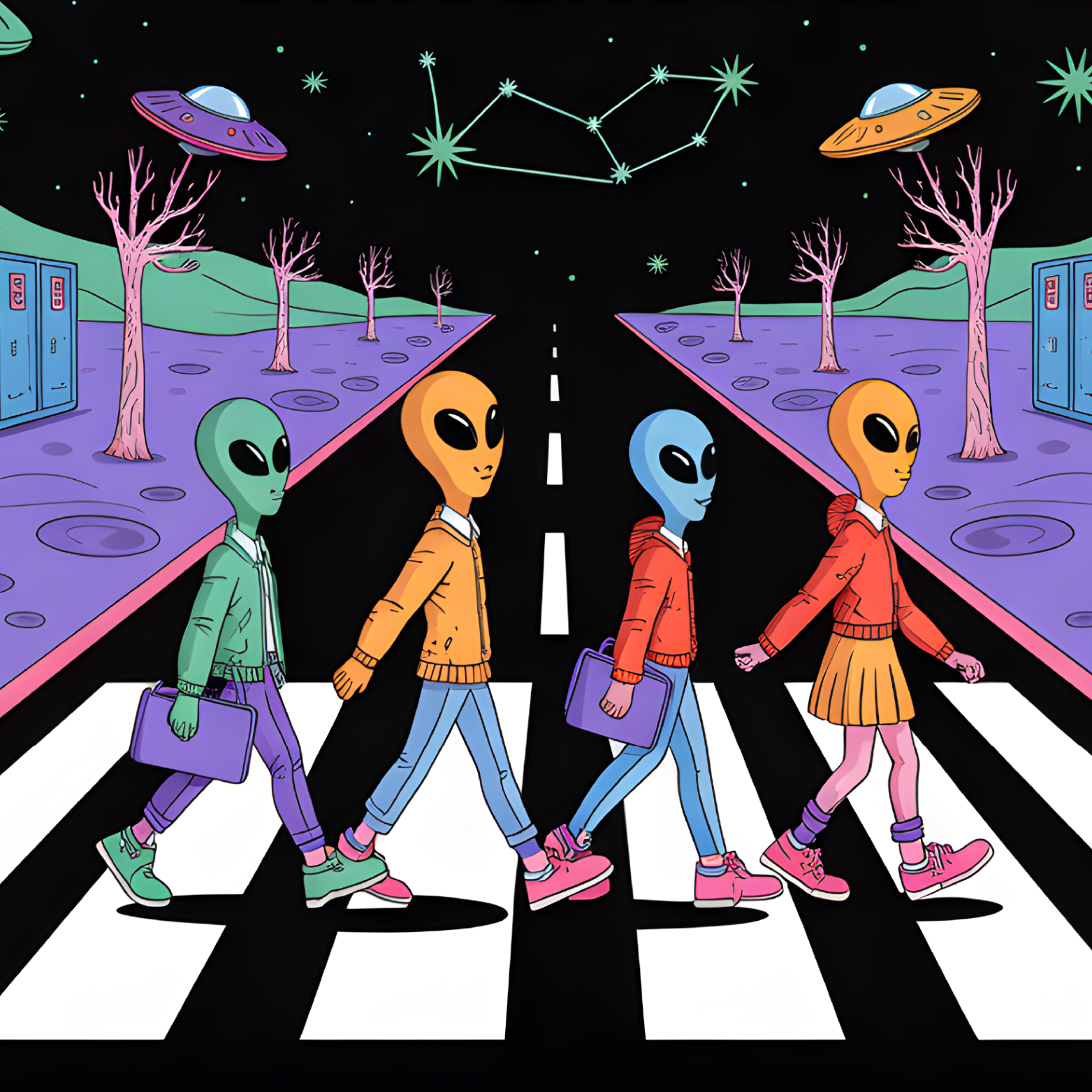 Cryptid fridge magnet with Bigfoot, alien, or Nessie design from the MYTHICAL MISFITS ReadyWhims Collection. Illustration of aliens crossing a zebra crossing with UFOs and space-themed landscape. Alien Magnet