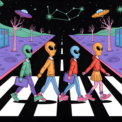 Cryptid fridge magnet with Bigfoot, alien, or Nessie design from the MYTHICAL MISFITS ReadyWhims Collection. Illustration of aliens crossing a zebra crossing with UFOs and space-themed landscape. Alien Magnet