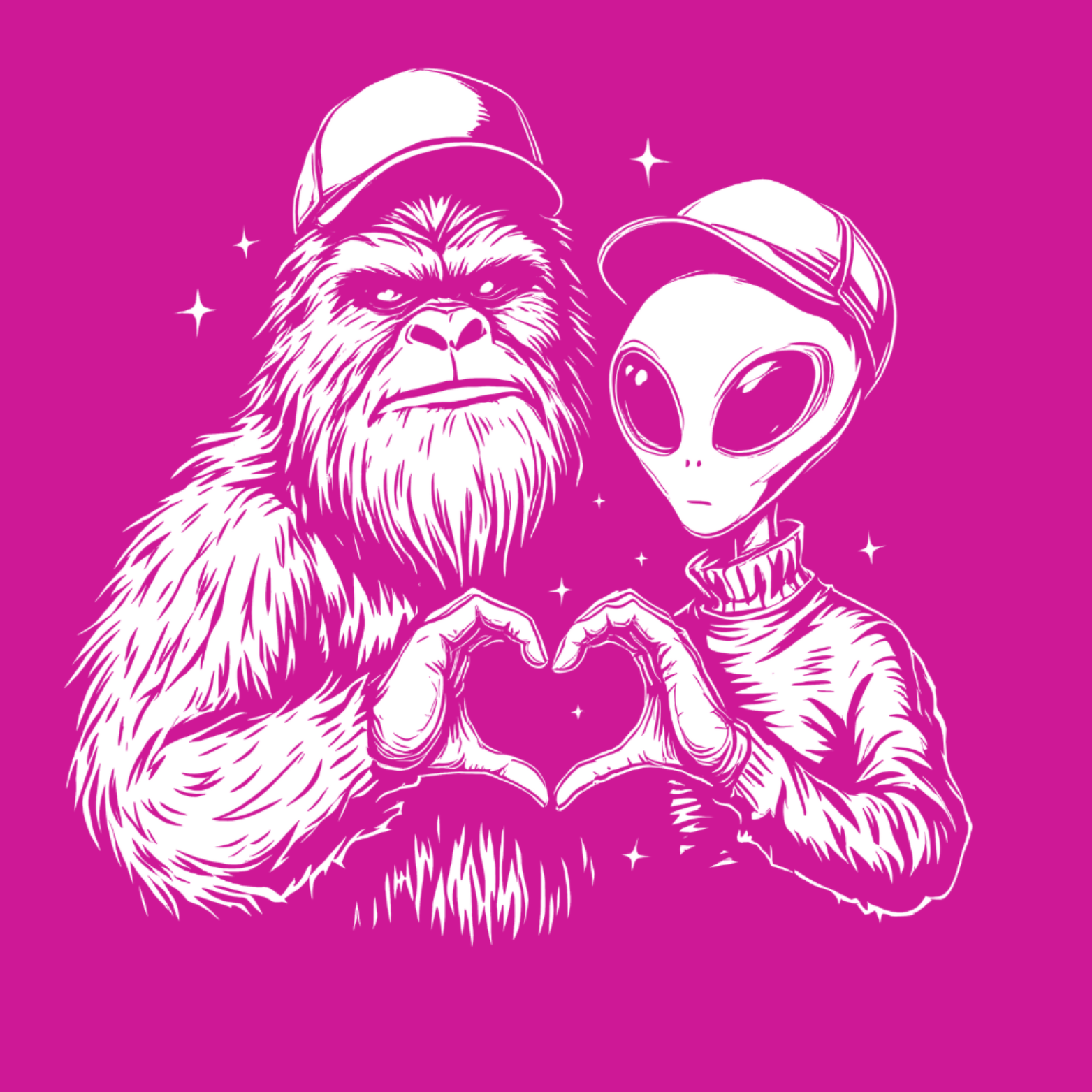 Cryptid fridge magnet with Bigfoot, alien, or Nessie design from the MYTHICAL MISFITS ReadyWhims Collection. Illustration of a creature and an alien making a heart shape with their hands on a pink background. Alien Magnet, Bigfoot Magnet