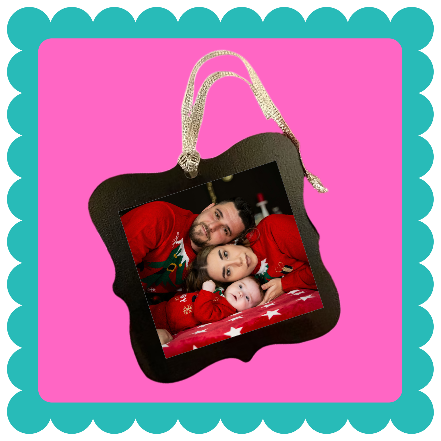 Personalized photo ornament with a family picture on a pink and teal background. Custom Photo Magnet Ornament, Holiday Ornament, Photo Ornament