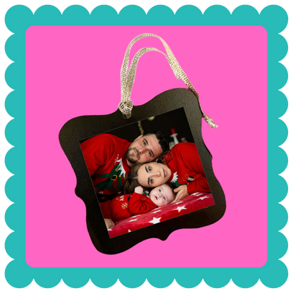 Personalized photo ornament with a family picture on a pink and teal background. Custom Photo Magnet Ornament, Holiday Ornament, Photo Ornament