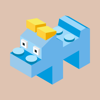 Dog or cat themed humorous novelty, funny fridge magnet. Geometric dog lego design with blue and yellow colors on a beige background