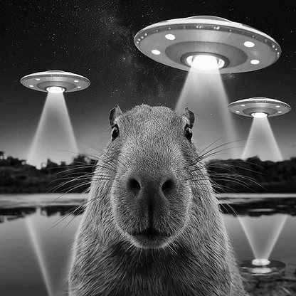Cryptid fridge magnet with Bigfoot, alien, or Nessie design from the MYTHICAL MISFITS ReadyWhims Collection. Capybara with UFOs and beams in a black and white setting. Alien Magnet, Capybara Magnet
