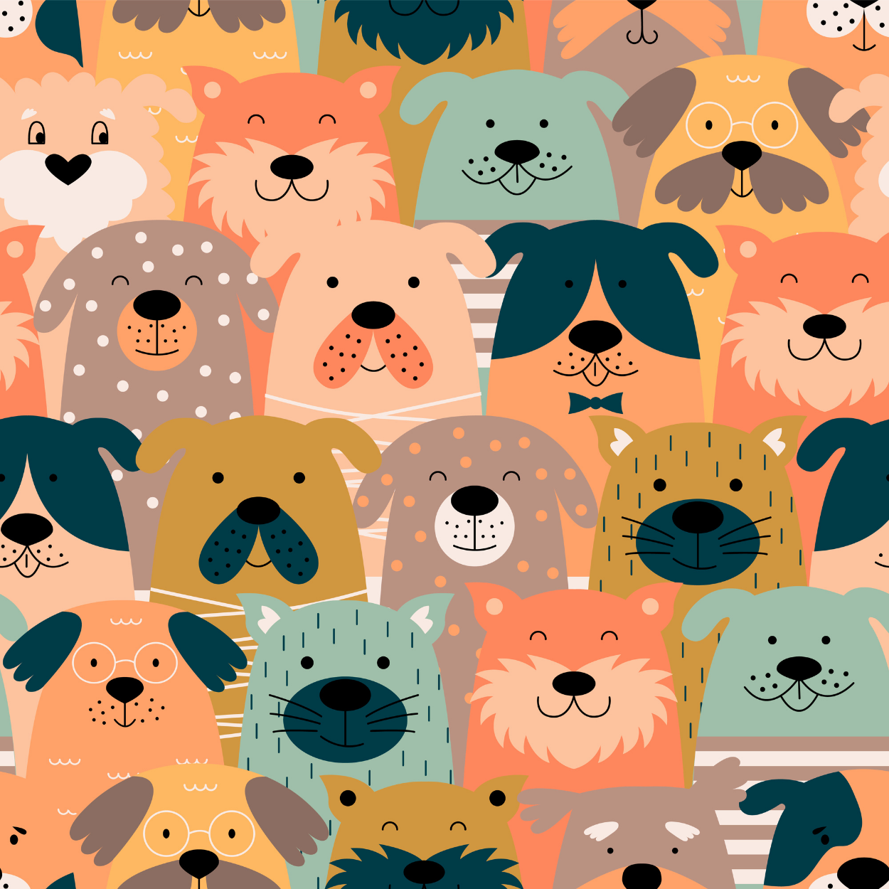 Dog or cat themed humorous novelty, funny fridge magnet. Pattern of cartoon dogs in various colors on a multicolored background.