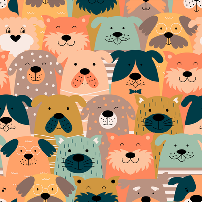 Dog or cat themed humorous novelty, funny fridge magnet. Pattern of cartoon dogs in various colors on a multicolored background.