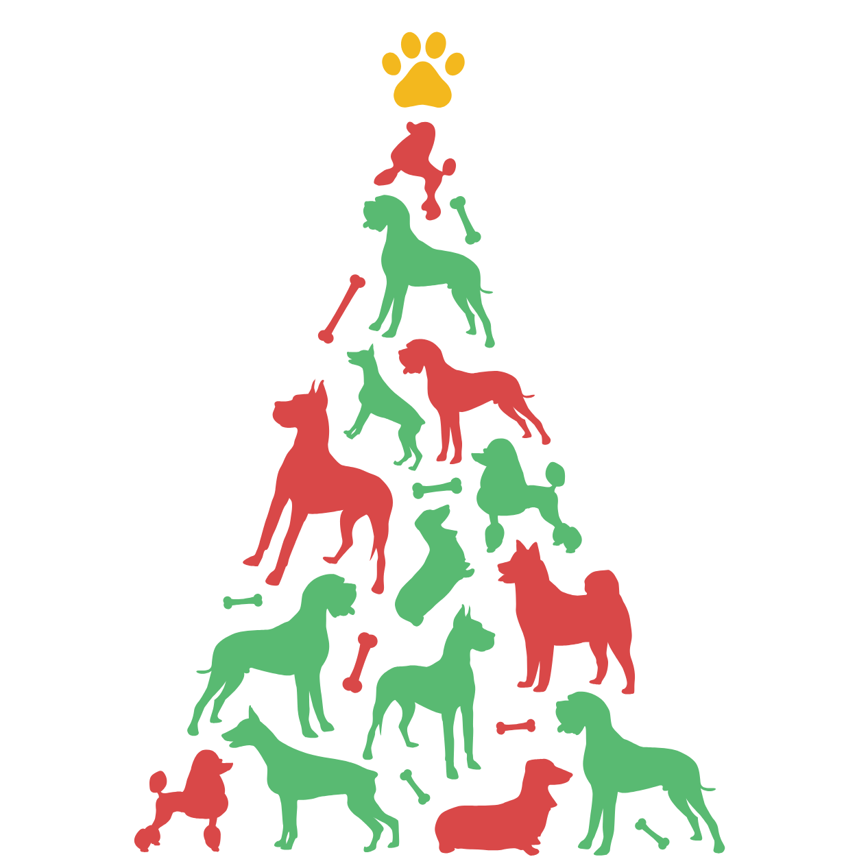 Dog or cat themed humorous novelty, funny fridge magnet. Colorful dog silhouette Christmas tree with red and green dogs on a white background
