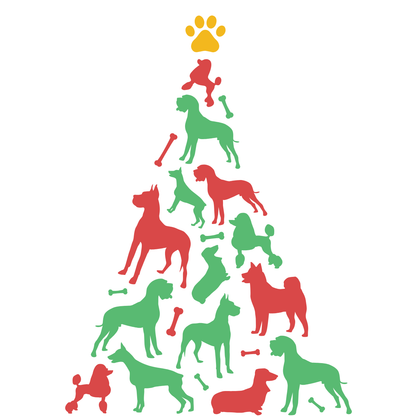 Dog or cat themed humorous novelty, funny fridge magnet. Colorful dog silhouette Christmas tree with red and green dogs on a white background