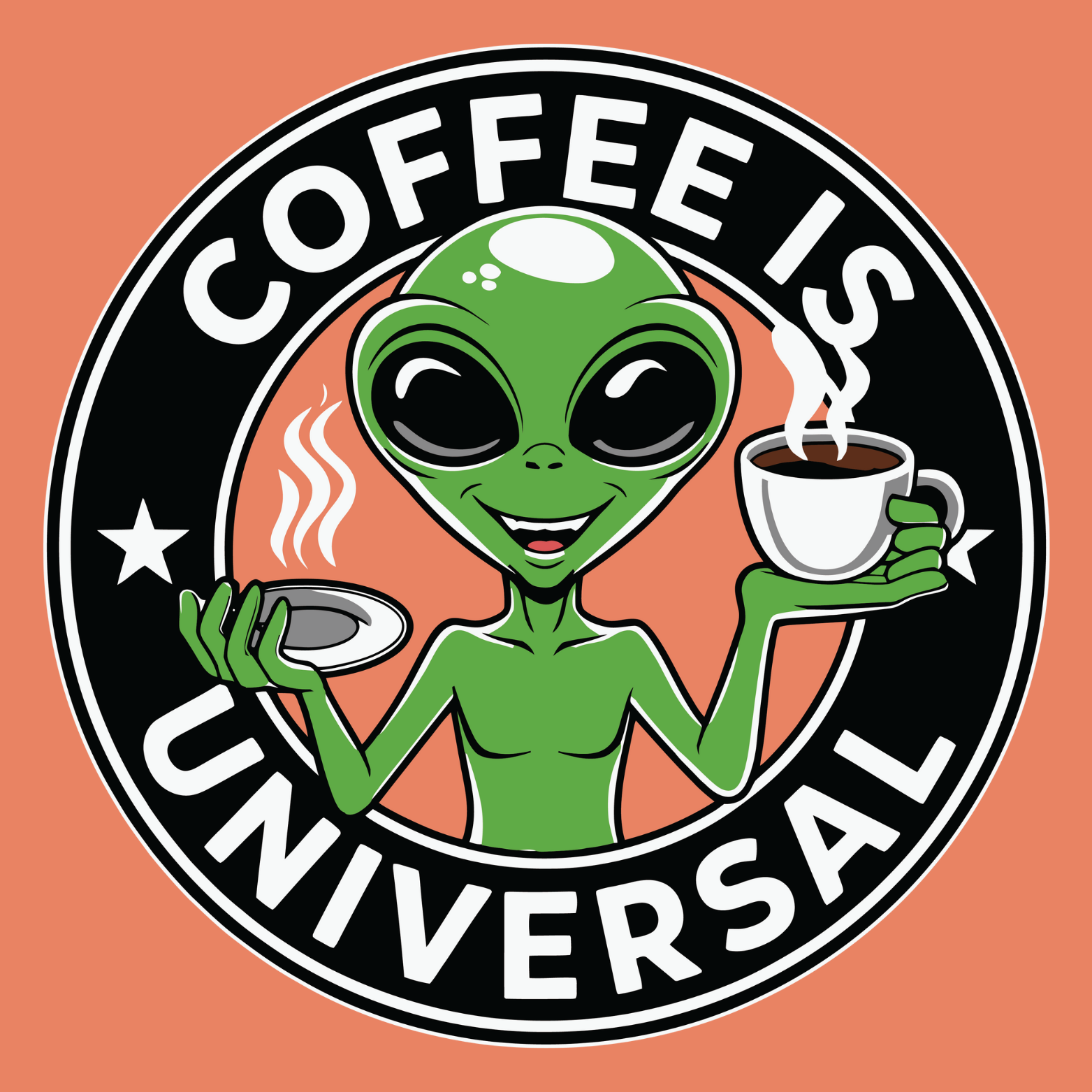 Cryptid fridge magnet with Bigfoot, alien, or Nessie design from the MYTHICAL MISFITS ReadyWhims Collection. Alien holding a coffee cup with 'Coffee is Universal' text on an orange background. Alien Magnet, Coffee Magnet