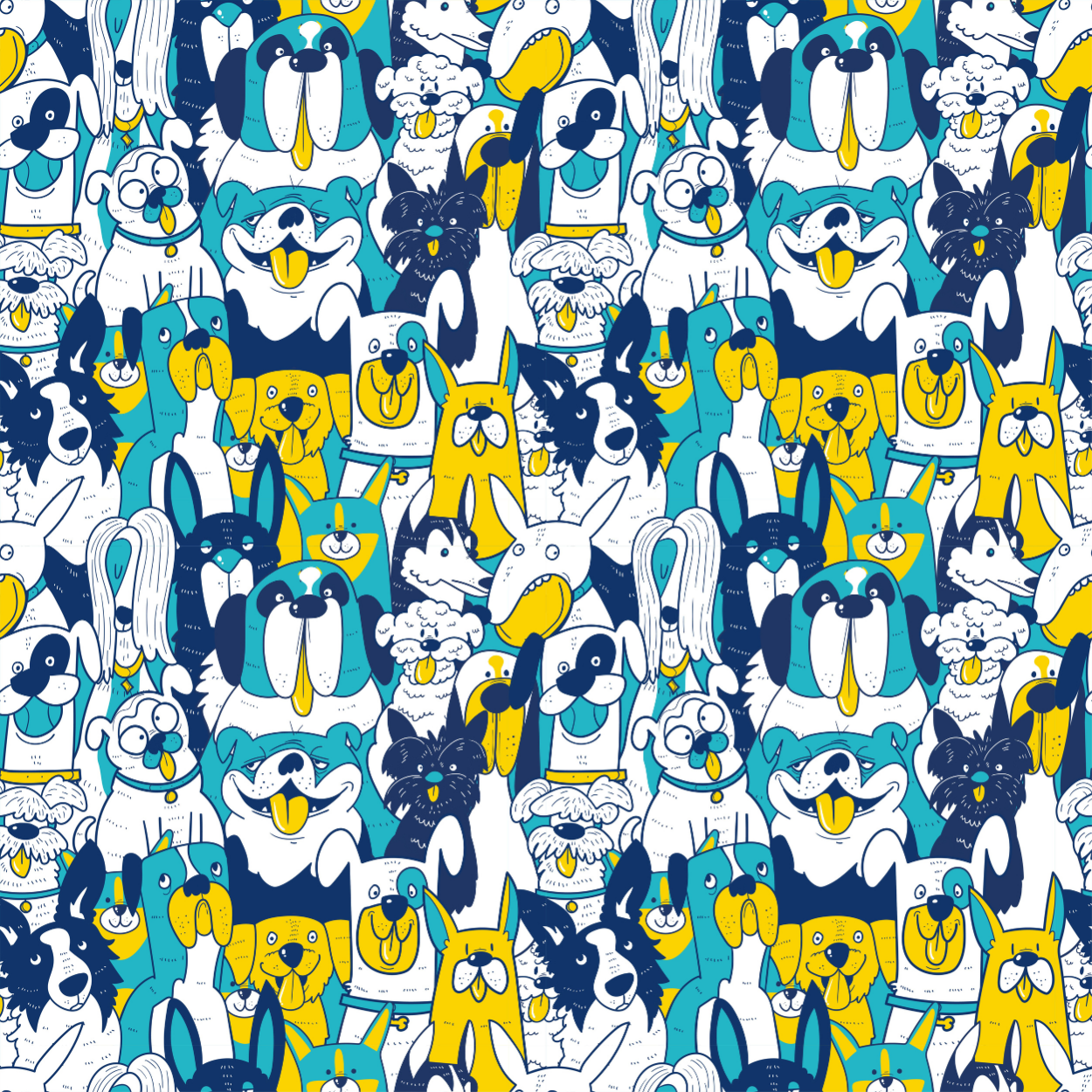 Dog or cat themed humorous novelty, funny fridge magnet. Pattern of cartoon dogs in blue, yellow, and white on a white background