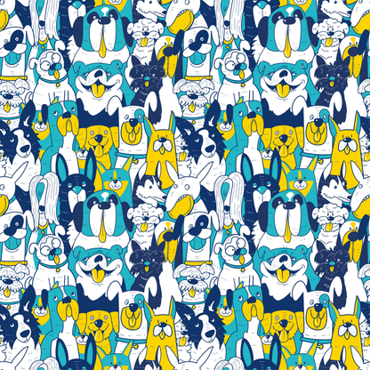 Dog or cat themed humorous novelty, funny fridge magnet. Pattern of cartoon dogs in blue, yellow, and white on a white background