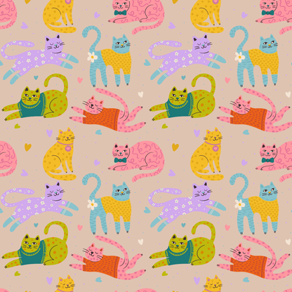 Dog or cat themed humorous novelty, funny fridge magnet. Pattern of colorful cats on a beige background