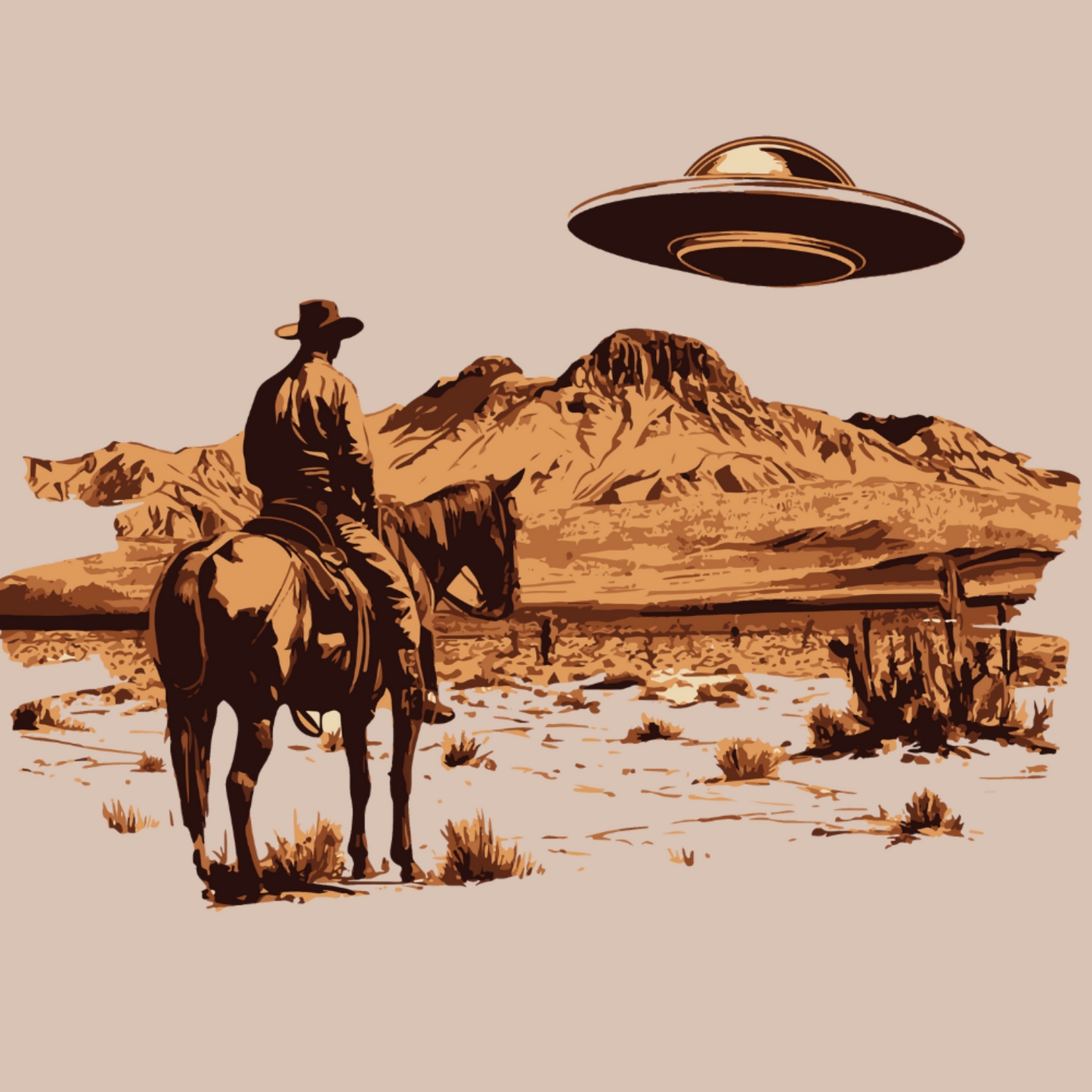 Cryptid fridge magnet with Bigfoot, alien, or Nessie design from the MYTHICAL MISFITS ReadyWhims Collection. Cowboy on horseback with a UFO hovering above in a desert landscape.  UFO Magnet, Cowboy Magnet