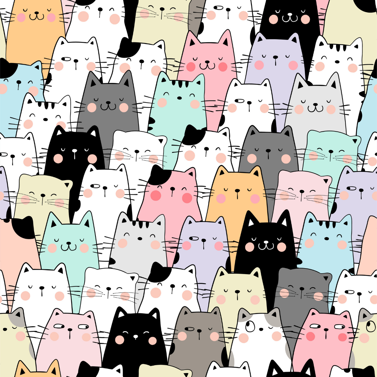 Dog or cat themed humorous novelty, funny fridge magnet. Pattern of colorful cartoon cats with various expressions on a light blue background.