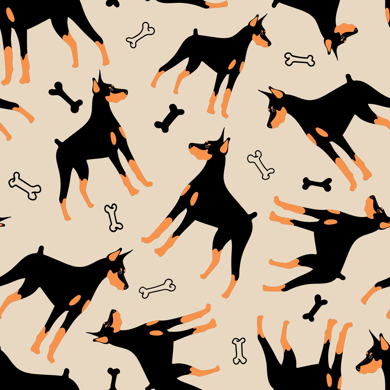 Dog or cat themed humorous novelty, funny fridge magnet. Pattern of Doberman Pinschers and bones on a beige background