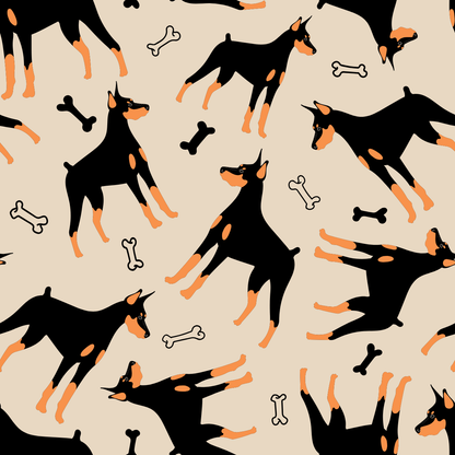 Dog or cat themed humorous novelty, funny fridge magnet. Pattern of Doberman Pinschers and bones on a beige background