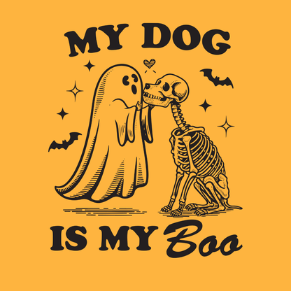 Dog or cat themed humorous novelty, funny fridge magnet. Halloween-themed graphic with a dog skeleton and ghost on a yellow background. Dog Magnet