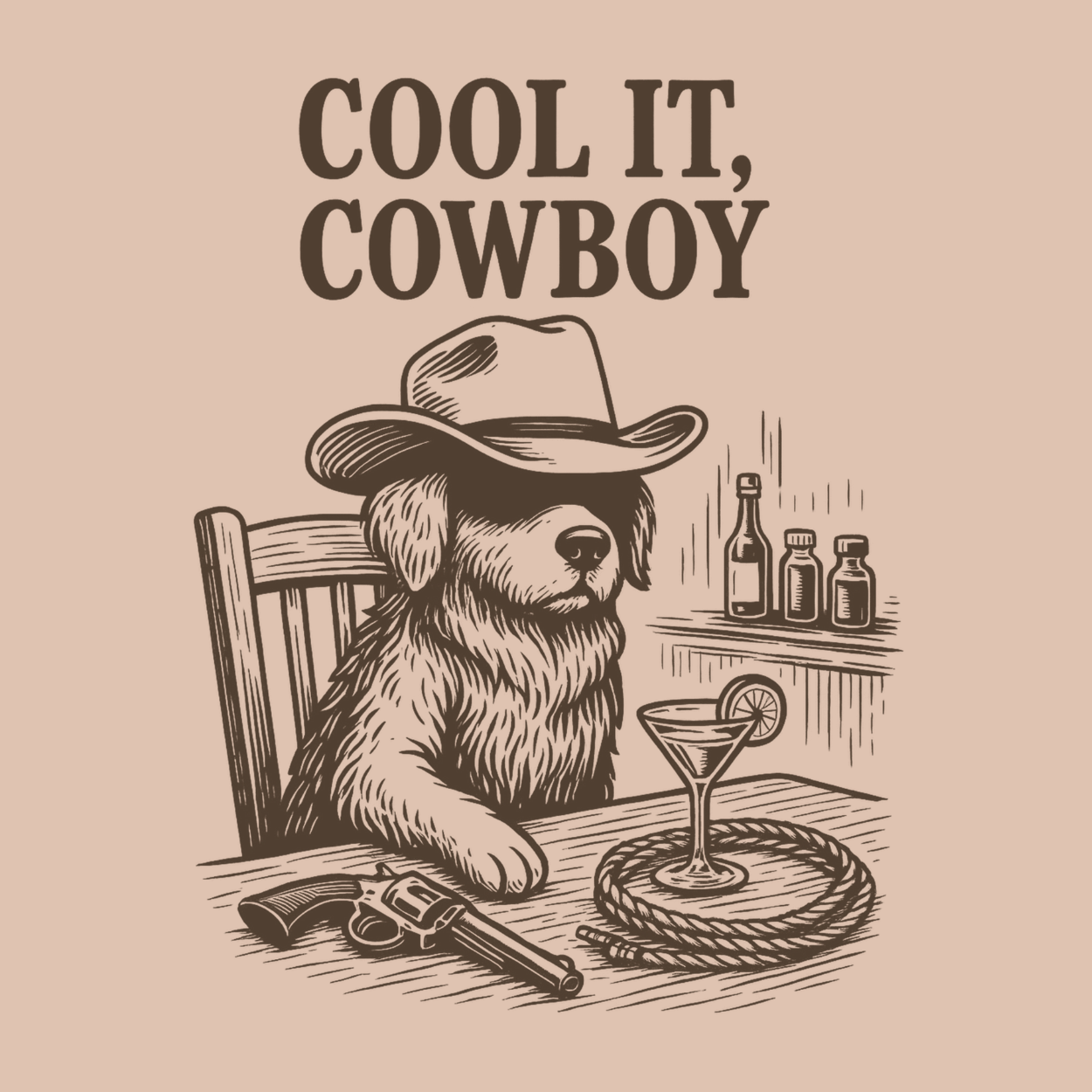 Dog or cat themed humorous novelty, funny fridge magnet. Illustration of a bear wearing a cowboy hat with a revolver and cocktail, text 'Cool It, Cowboy' on a beige background. Dog Magnet