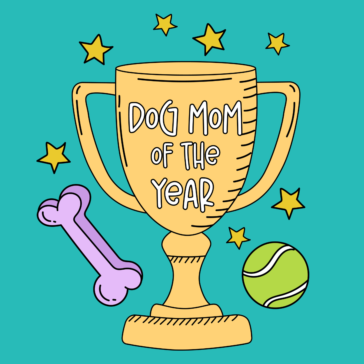 Dog or cat themed humorous novelty, funny fridge magnet. Trophy with 'Dog Mom of the Year' text on a teal background with stars, a bone, and a tennis ball.