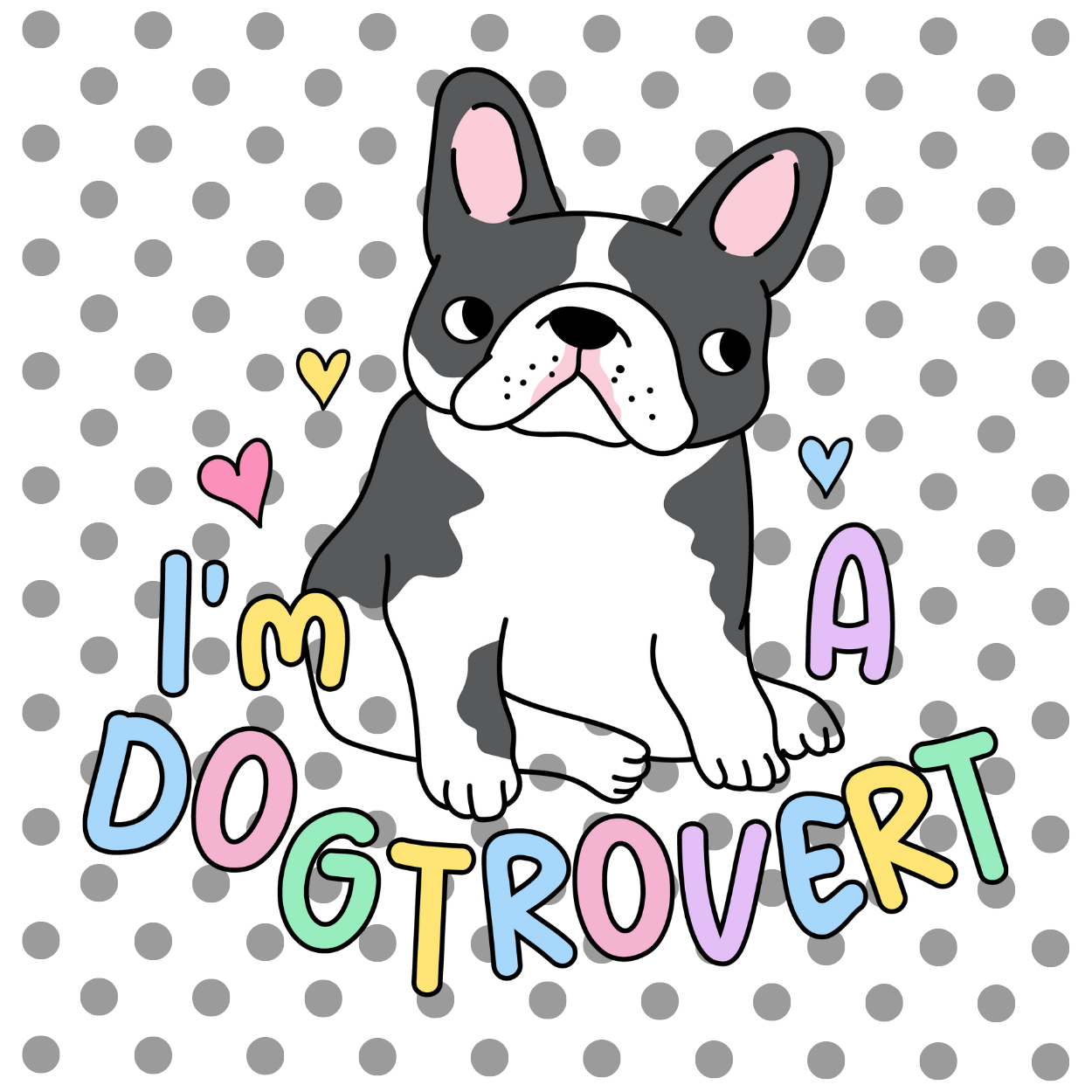Dog or cat themed humorous novelty, funny fridge magnet. Cartoon dog with text 'I'm a DOGtrovert' on a polka dot background