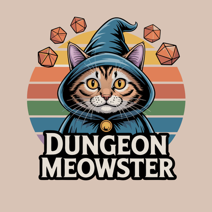 Novelty Fridge Magnet - Cat in a wizard's hat with 'Dungeon Meowster' text on a colorful background