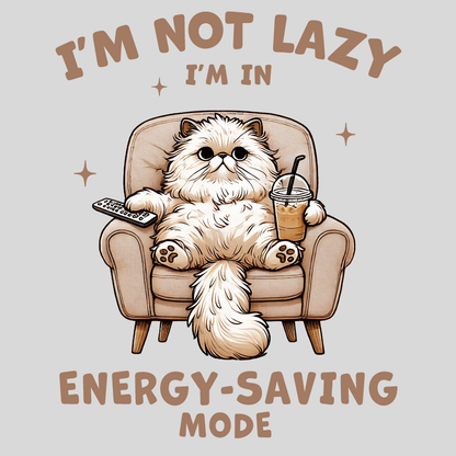 Novelty Fridge Magnet - Cat in a chair with text 'I'm not lazy, I'm in energy-saving mode' on a light gray background