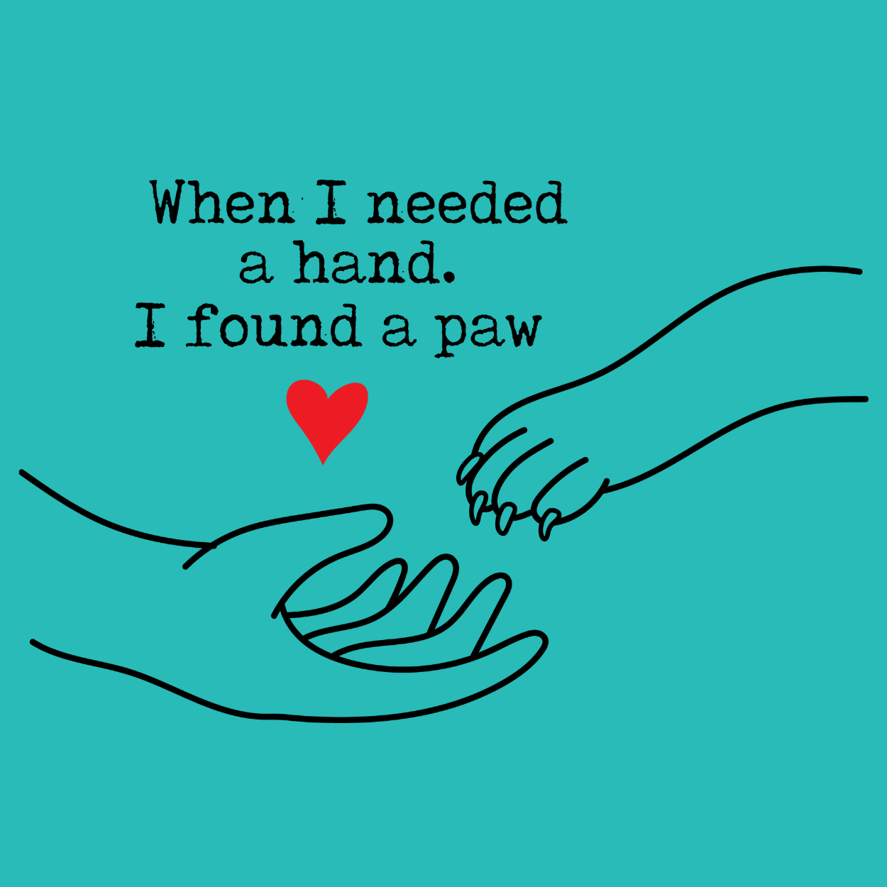 Dog or cat themed humorous novelty, funny fridge magnet. Illustration of two hands reaching towards each other with a red heart and text on a teal background. Dog Magnet