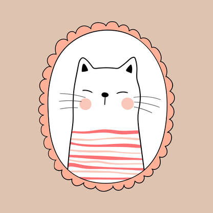 Dog or cat themed humorous novelty, funny fridge magnet. Illustration of a cat with a striped shirt in a decorative frame on a beige background