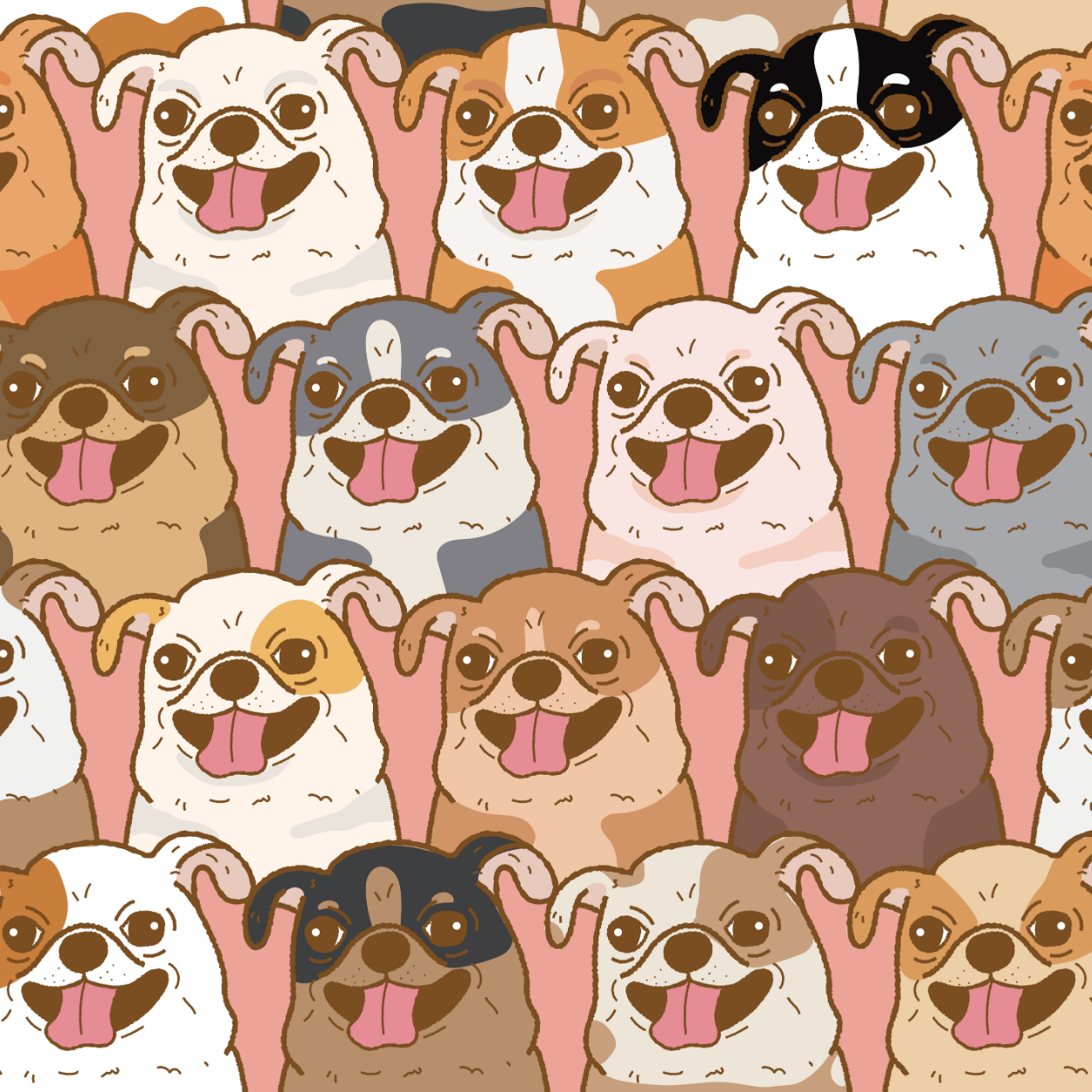 Dog or cat themed humorous novelty, funny fridge magnet. Pattern of cartoon dogs with happy expressions on a pink background