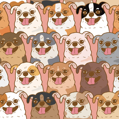 Dog or cat themed humorous novelty, funny fridge magnet. Pattern of cartoon dogs with happy expressions on a pink background