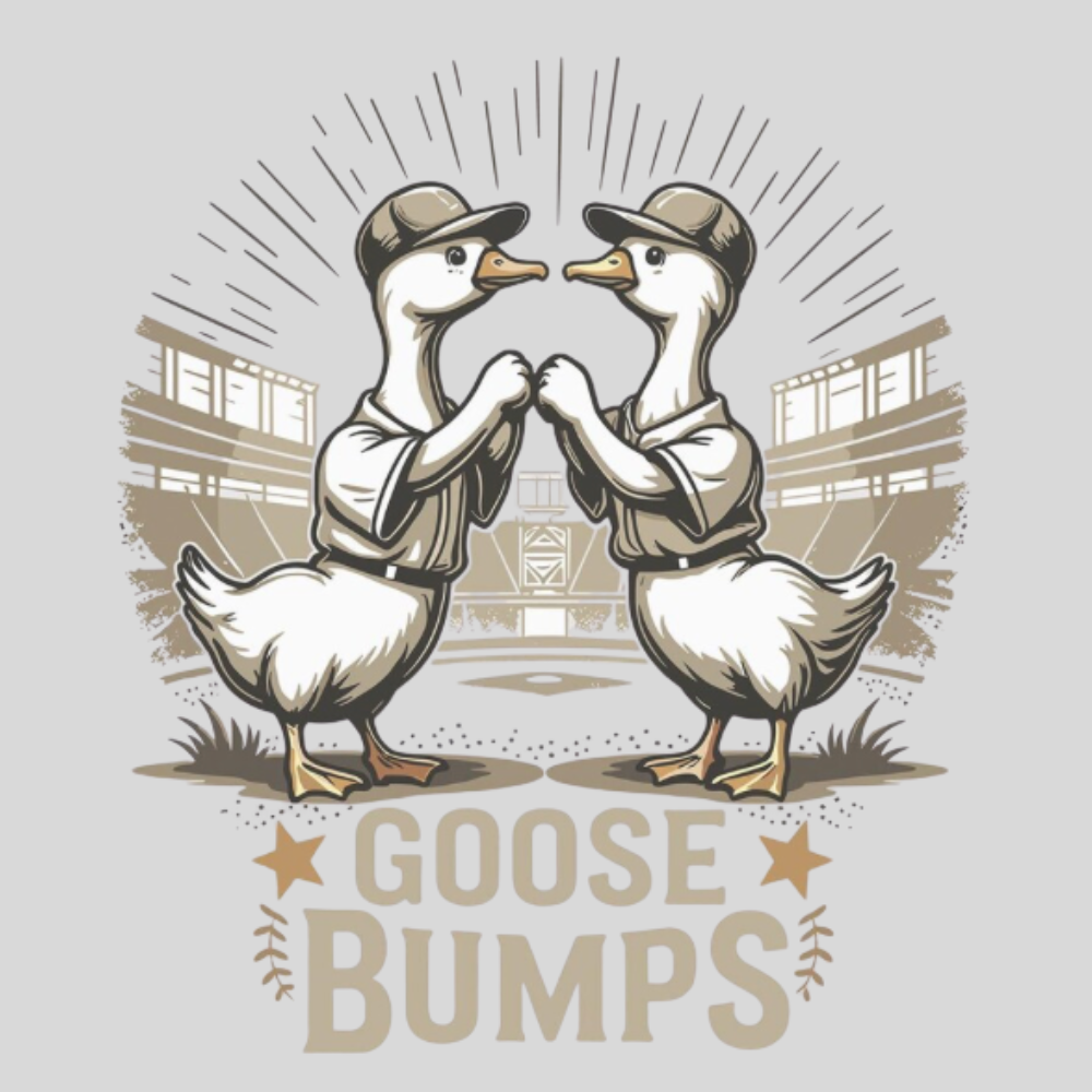 Two cartoon geese in hats holding hands with 'GOOSE BUMPS' text below on a light background.