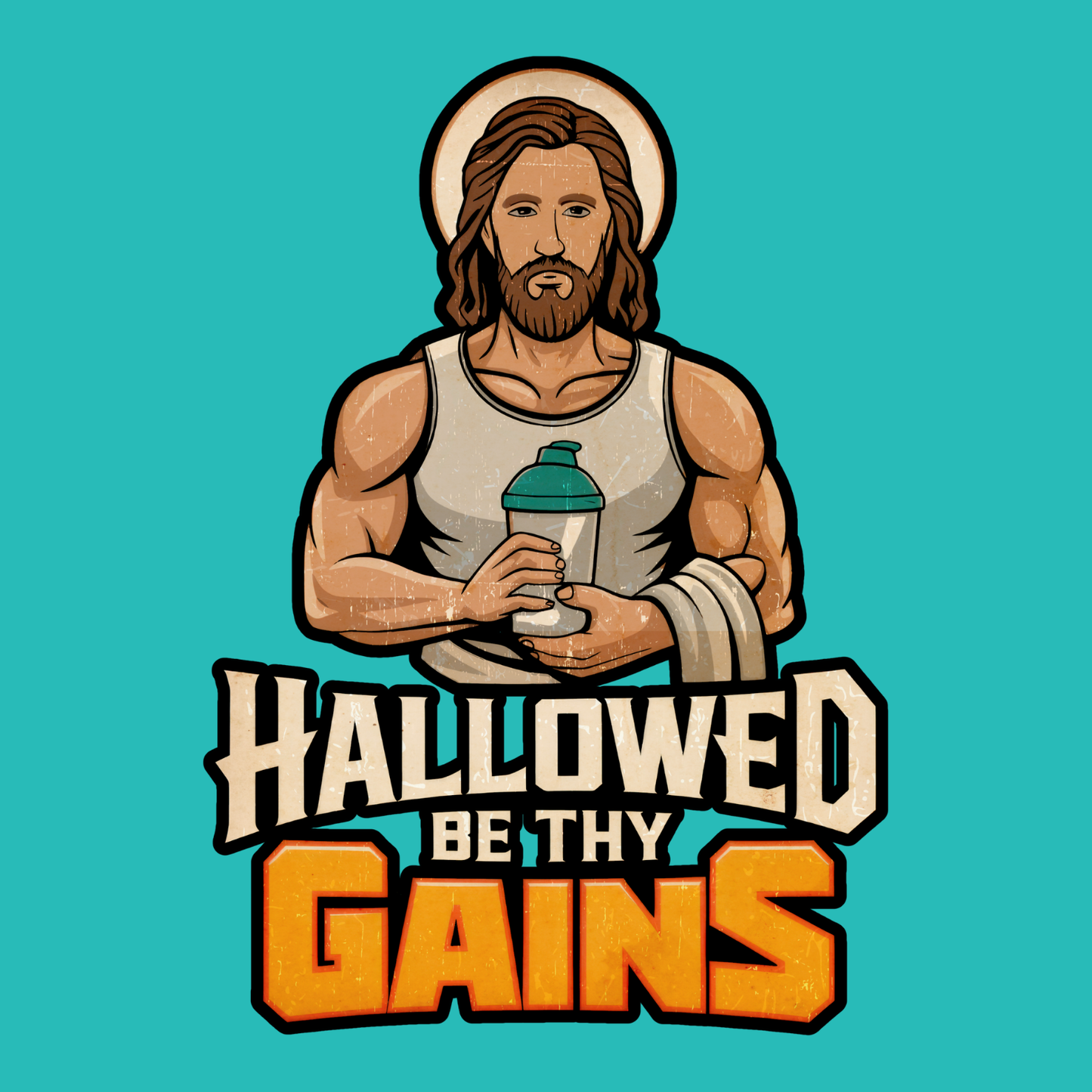 Novelty Fridge Magnet - Illustration of a muscular figure  Jesus holding a protein shake with 'Hallowed Be Thy Gains' text on a blue background