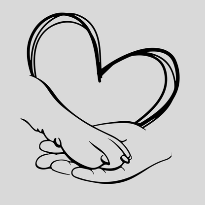 Dog or cat themed humorous novelty, funny fridge magnet. Outline of a hand holding another dog paw with a heart shape above on a light gray background. Dog Magnet