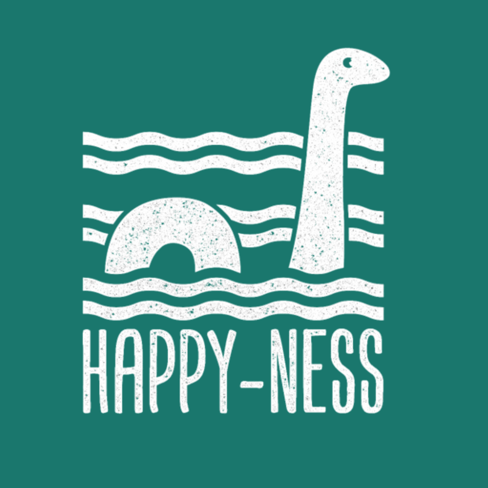 Cryptid fridge magnet with Bigfoot, alien, or Nessie design from the MYTHICAL MISFITS ReadyWhims Collection. White illustration of a Loch Ness monster with wavy lines and 'HAPPY-NESS' text on a teal background. Loch Ness Magnet, Nessie Magnet