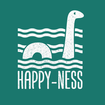 Cryptid fridge magnet with Bigfoot, alien, or Nessie design from the MYTHICAL MISFITS ReadyWhims Collection. White illustration of a Loch Ness monster with wavy lines and 'HAPPY-NESS' text on a teal background. Loch Ness Magnet, Nessie Magnet