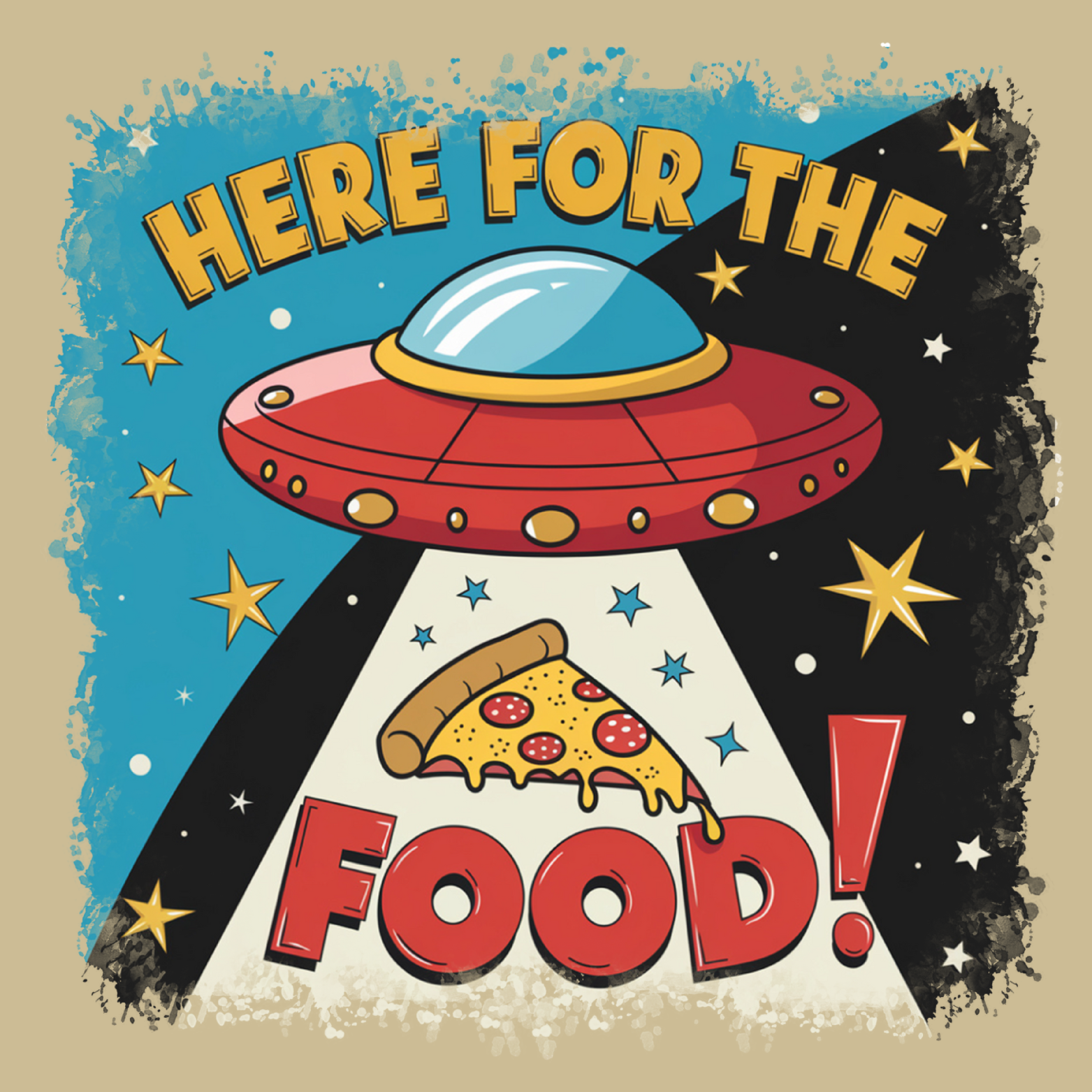 Cryptid fridge magnet with Bigfoot, alien, or Nessie design from the MYTHICAL MISFITS ReadyWhims Collection. Vintage-style poster with a UFO and pizza slice, featuring the text 'Here for the Food!'. UFO Magnet, Pizza Magnet