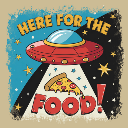 Cryptid fridge magnet with Bigfoot, alien, or Nessie design from the MYTHICAL MISFITS ReadyWhims Collection. Vintage-style poster with a UFO and pizza slice, featuring the text 'Here for the Food!'. UFO Magnet, Pizza Magnet