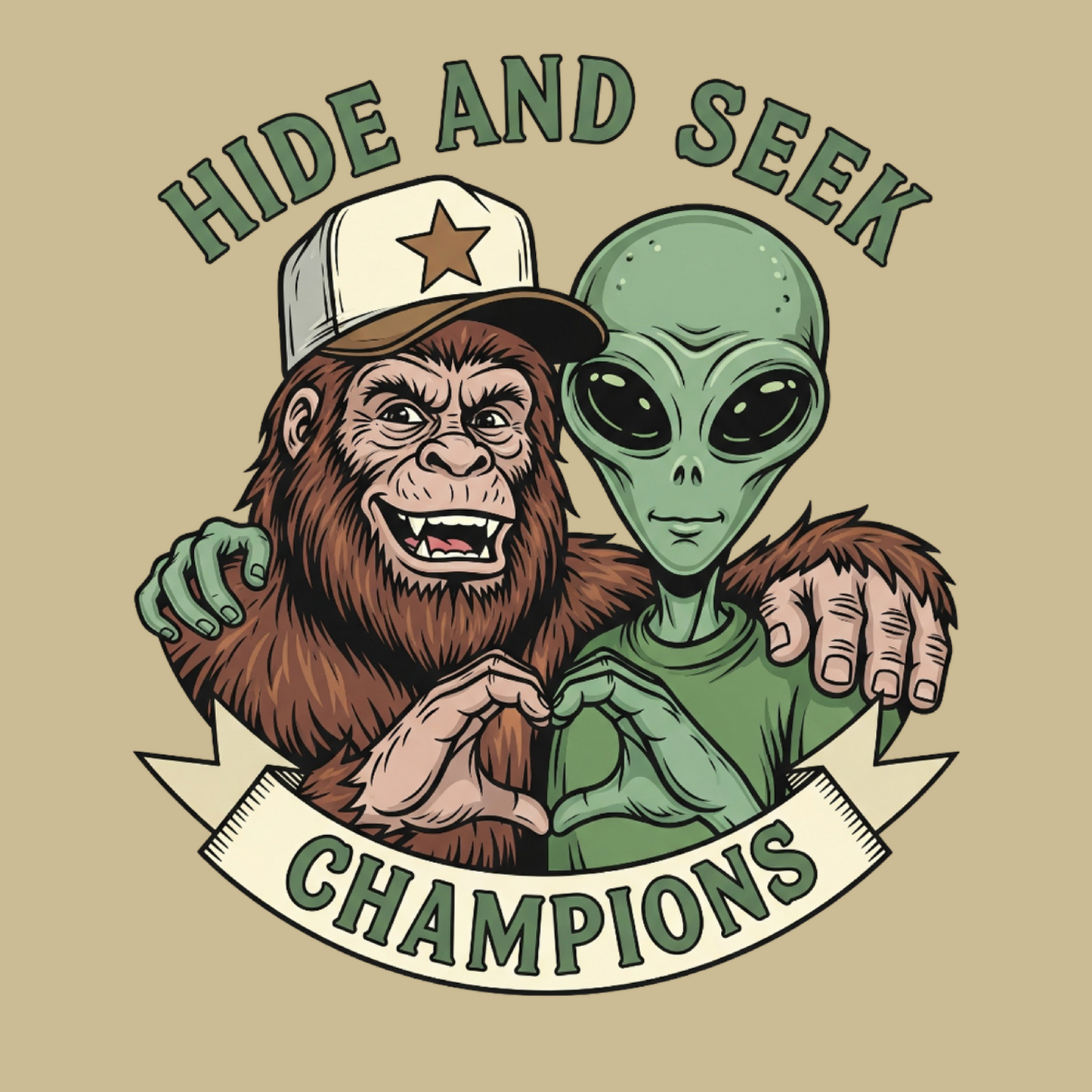 Cryptid fridge magnet with Bigfoot, alien, or Nessie design from the MYTHICAL MISFITS ReadyWhims Collection. Illustration of a gorilla and alien hugging with 'Hide and Seek Champions' text on a beige background. Bigfoot Magnet, Alien Magnet