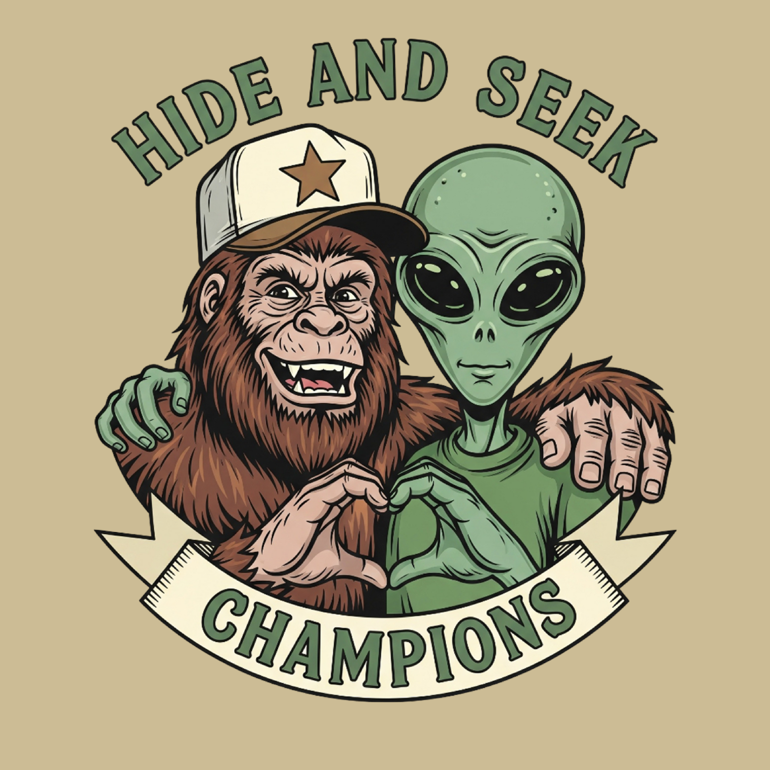 Cryptid fridge magnet with Bigfoot, alien, or Nessie design from the MYTHICAL MISFITS ReadyWhims Collection. Illustration of a gorilla and alien hugging with 'Hide and Seek Champions' text on a beige background. Bigfoot Magnet, Alien Magnet