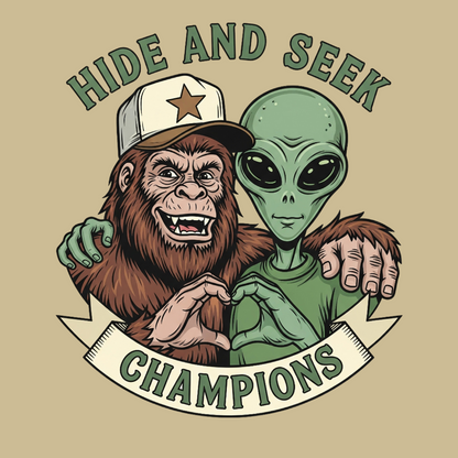 Cryptid fridge magnet with Bigfoot, alien, or Nessie design from the MYTHICAL MISFITS ReadyWhims Collection. Illustration of a gorilla and alien hugging with 'Hide and Seek Champions' text on a beige background. Bigfoot Magnet, Alien Magnet