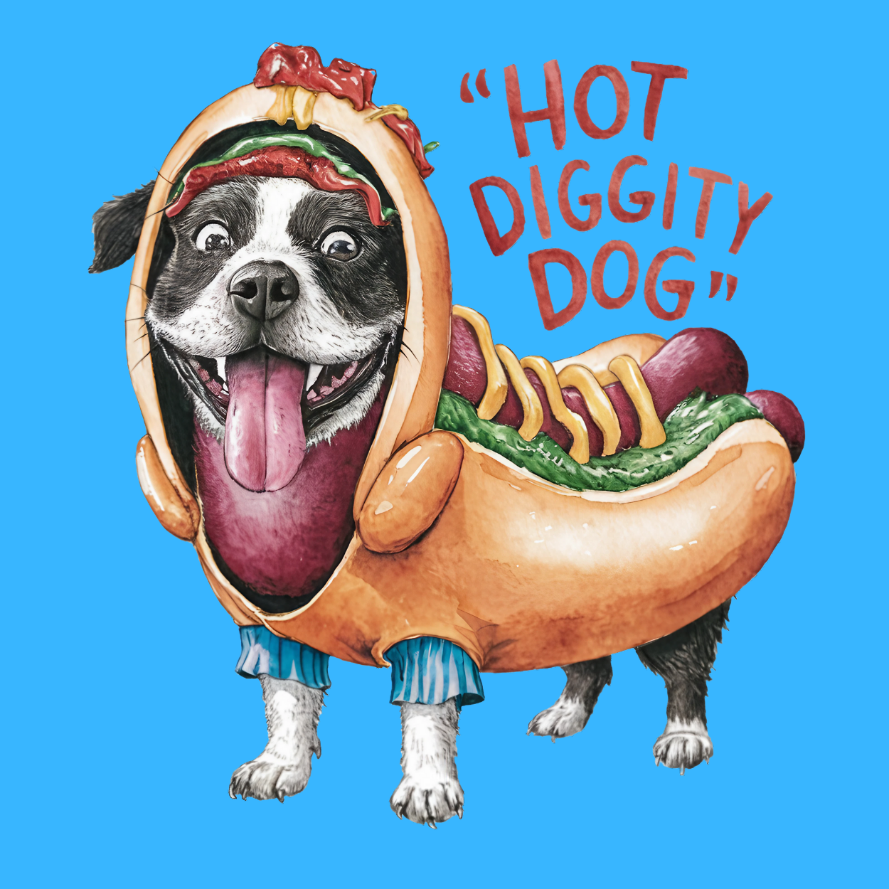 Dog or cat themed humorous novelty, funny fridge magnet. Dog in a hot dog costume with 'Hot Diggity Dog' text on a blue background. Dog Magnet