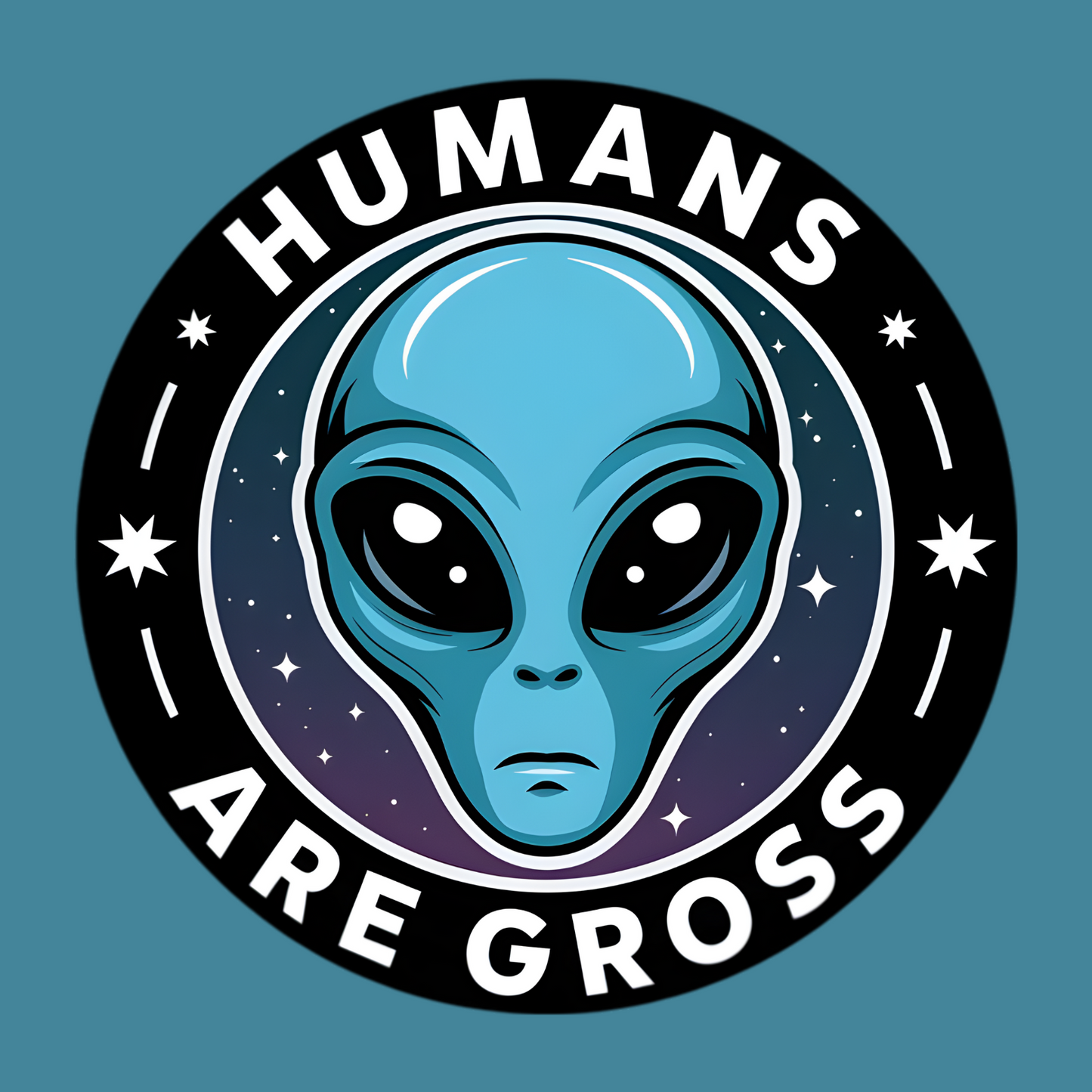 Cryptid fridge magnet with Bigfoot, alien, or Nessie design from the MYTHICAL MISFITS ReadyWhims Collection. Alien head with 'Humans Are Gross' text on a blue background. Alien Magnet